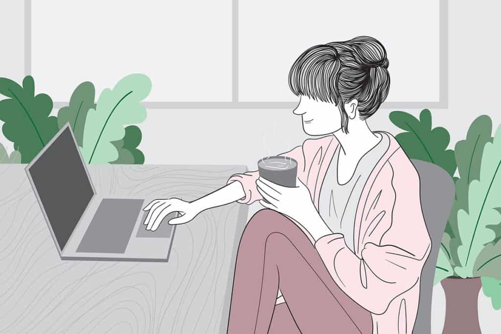 Illustrated image of a woman sitting at a laptop drinking coffee Are Coding Bootcamps Worth It
