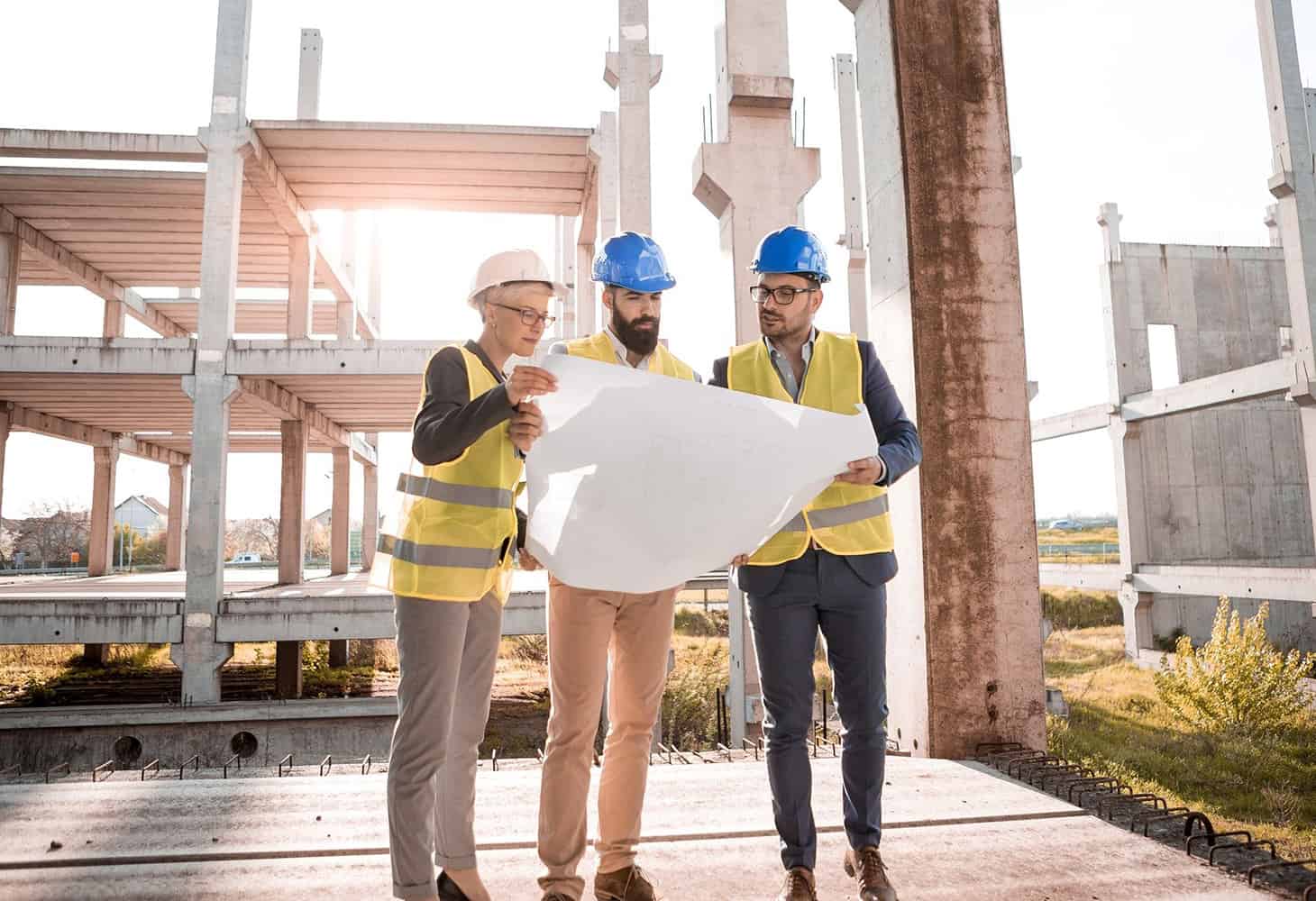 Two men and a woman wearing hard hats in a construction site looking at plans. How to Become a Project Manager